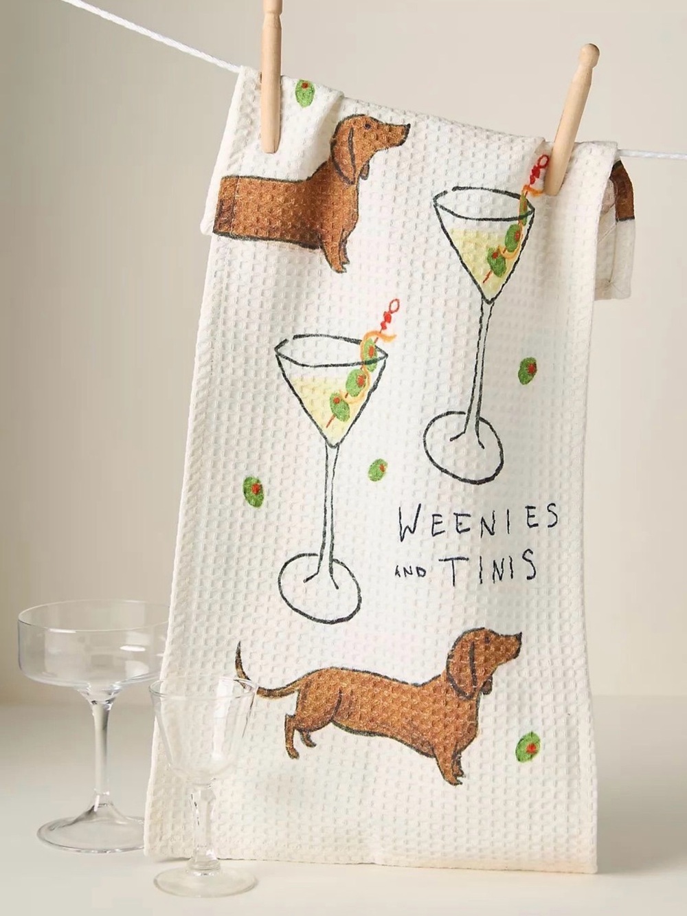 Anthropologie 'Weenies and Tinis' Waffle Kitchen Towel - White & Brown
